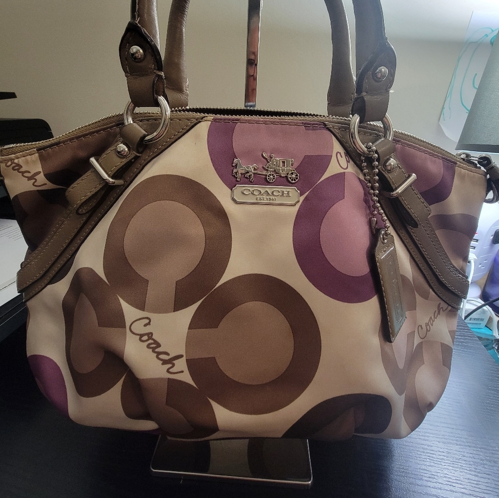 Coach Sophia Ivory Beige Purple Clover Signature Purse